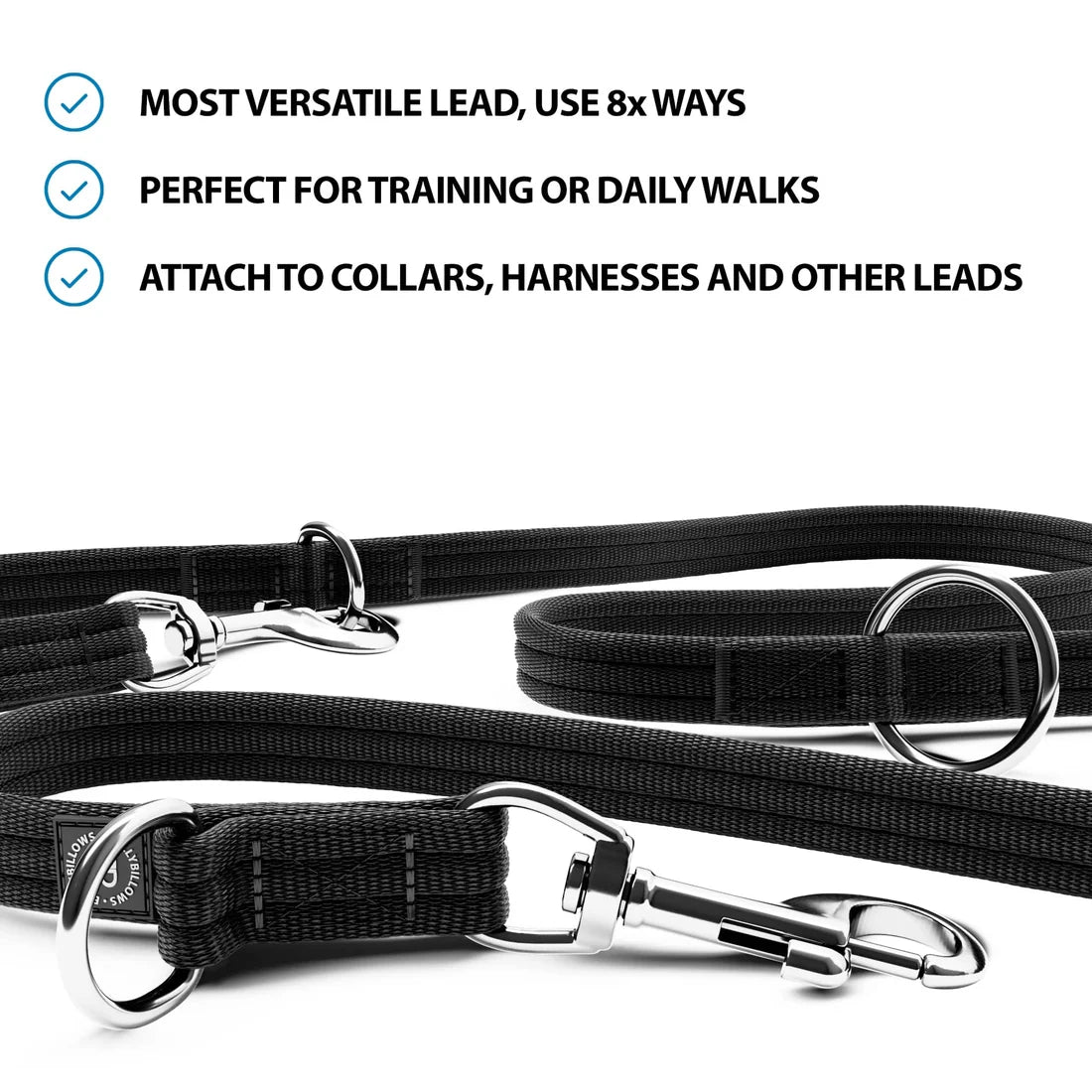 BullyBillows Training Double Ended Dog Leash, BLACK – Monitoimitalutin, 2 m