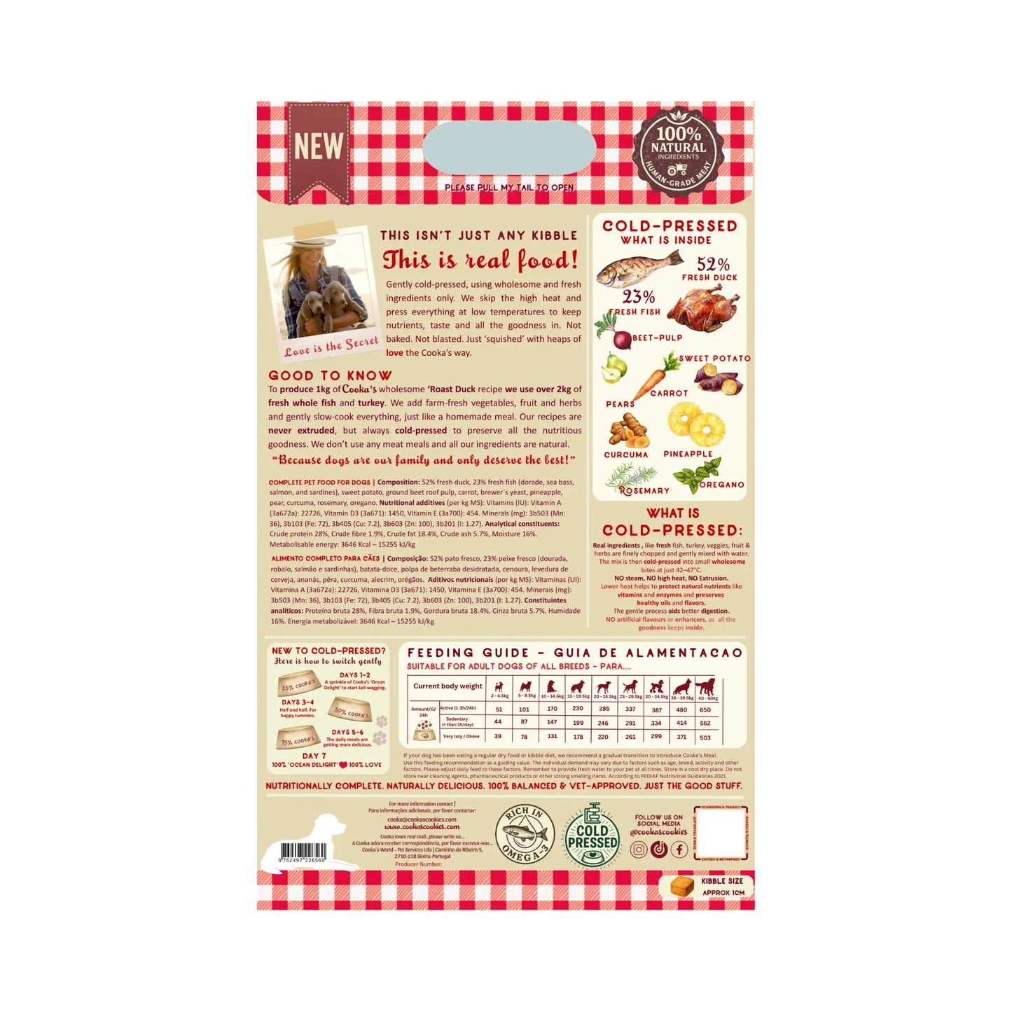 Cooka's Cookies Country Roast kylmäpuristettu täysravinto koirille ankka ja kala 3 kg sisältö